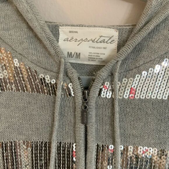 Aeropostale Grey Silver Sequin Hoodie Jacket juniors Medium Holiday Knit Sweater - Picture 4 of 8